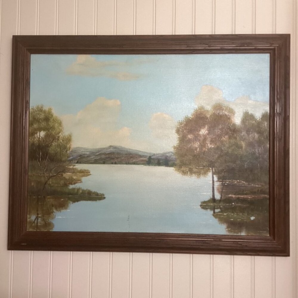 Wall Art Signed Canvas Lake Landscape Custom‎ Framed 27.5" x 21.5"